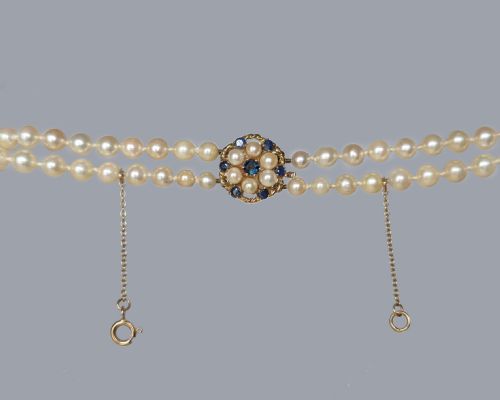 LONG PEARL NECKLACE 9CT GOLD FLORAL SAPPHIRE CLASP 25 DOUBLE STRAND VINTAGE 60S - ADDITIONAL PHOTO 4