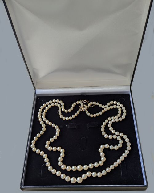 LONG PEARL NECKLACE 9CT GOLD FLORAL SAPPHIRE CLASP 25 DOUBLE STRAND VINTAGE 60S - ADDITIONAL PHOTO 6