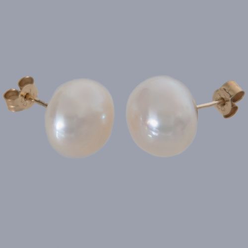 vintage pearl stud earrings 11mm button shaped freshwater pearls 9ct gold posts - CATEGORY: ANTIQUE JEWELLERY - DATED 1950