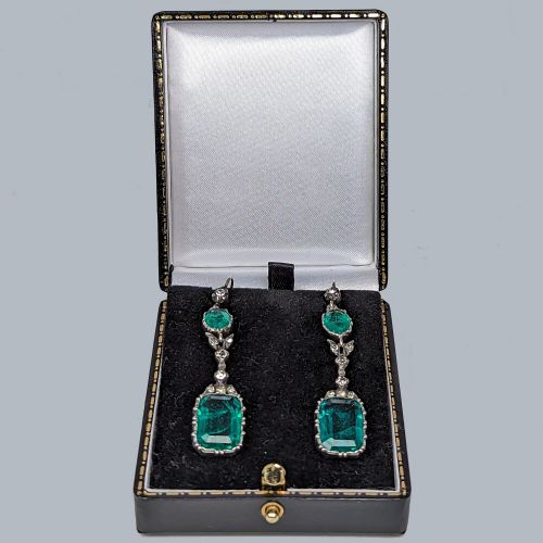 VICTORIAN DANGLE EARRINGS GOLD AND SILVER EMERALD GREEN ANTIQUE HOOK DROP CRYSTAL EARRINGS - ADDITIONAL PHOTO 3