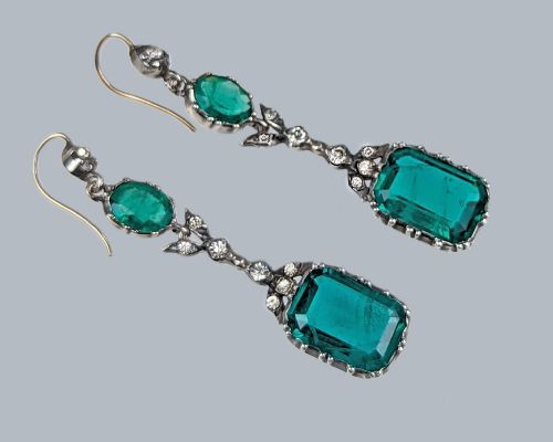 VICTORIAN DANGLE EARRINGS GOLD AND SILVER EMERALD GREEN ANTIQUE HOOK DROP CRYSTAL EARRINGS - ADDITIONAL PHOTO 4