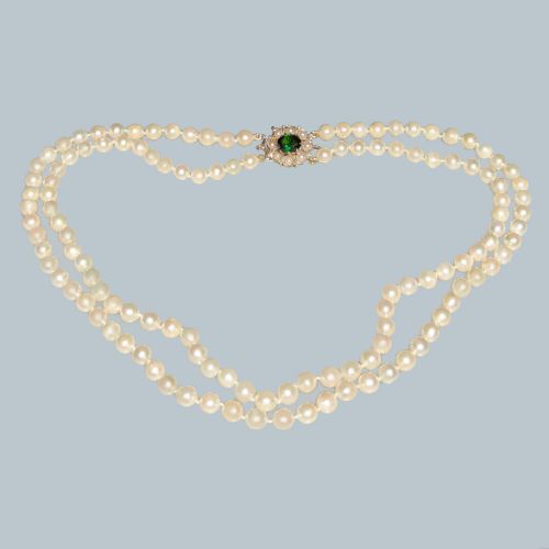 DOUBLE STRAND PEARLS 9CT GOLD TOURMALINE CLASP VINTAGE 17 TWO STRAND PEARL NECKLACE - ADDITIONAL PHOTO 3