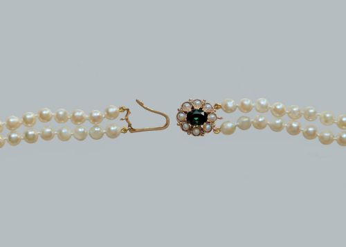 DOUBLE STRAND PEARLS 9CT GOLD TOURMALINE CLASP VINTAGE 17 TWO STRAND PEARL NECKLACE - ADDITIONAL PHOTO 7