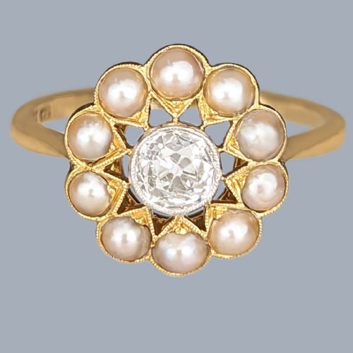 ANTIQUE EDWARDIAN PEARL AND DIAMOND CLUSTER RING 18CT GOLD AND PLATINUM CIRCA 1910 - ADDITIONAL PHOTO 1