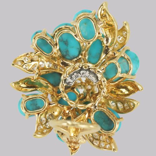 VINTAGE JULIUS COHEN TURQUOISE DIAMOND CLUSTER EARRINGS 14CT GOLD CIRCA 1960S - ADDITIONAL PHOTO 3
