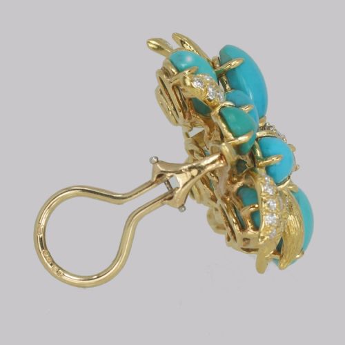 VINTAGE JULIUS COHEN TURQUOISE DIAMOND CLUSTER EARRINGS 14CT GOLD CIRCA 1960S - ADDITIONAL PHOTO 5