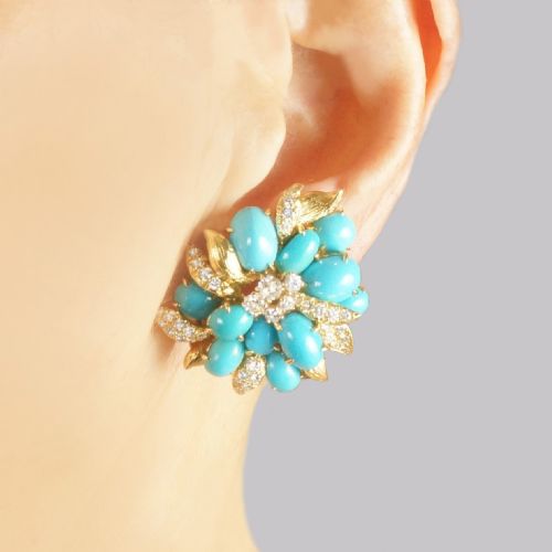 VINTAGE JULIUS COHEN TURQUOISE DIAMOND CLUSTER EARRINGS 14CT GOLD CIRCA 1960S - ADDITIONAL PHOTO 11