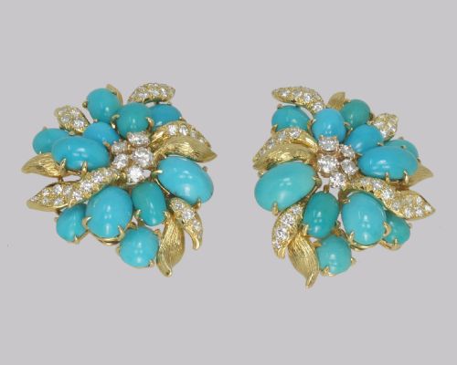 VINTAGE JULIUS COHEN TURQUOISE DIAMOND CLUSTER EARRINGS 14CT GOLD CIRCA 1960S - ADDITIONAL PHOTO 12