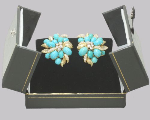 VINTAGE JULIUS COHEN TURQUOISE DIAMOND CLUSTER EARRINGS 14CT GOLD CIRCA 1960S - ADDITIONAL PHOTO 14
