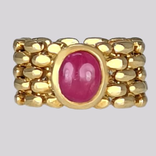 VINTAGE ITALIAN 18CT GOLD CHAIN MAIL RING CABOCHON RUBY FLEXIBLE PINKY RING SIZE F - ADDITIONAL PHOTO 2