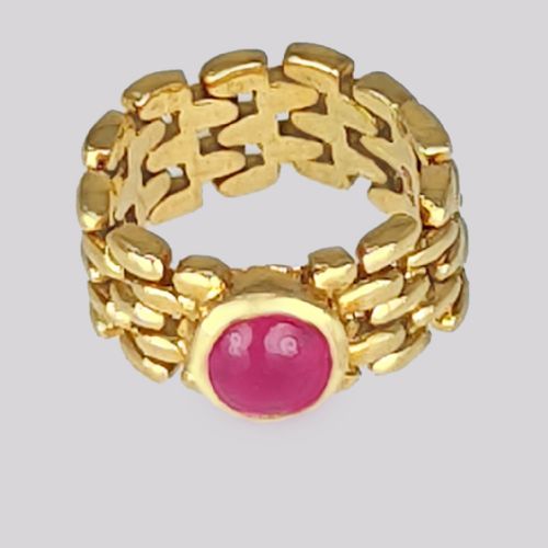 VINTAGE ITALIAN 18CT GOLD CHAIN MAIL RING CABOCHON RUBY FLEXIBLE PINKY RING SIZE F - ADDITIONAL PHOTO 3