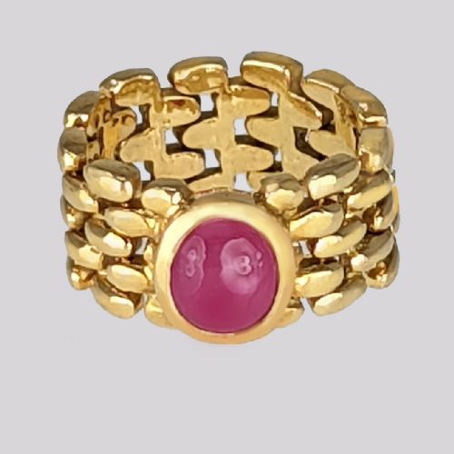 VINTAGE ITALIAN 18CT GOLD CHAIN MAIL RING CABOCHON RUBY FLEXIBLE PINKY RING SIZE F - ADDITIONAL PHOTO 4