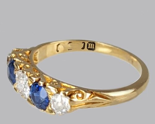 ANTIQUE 18CT GOLD SAPPHIRE OLD CUT DIAMOND FIVE STONE EDWARDIAN RING LONDON 1907 HALLMARKED - ADDITIONAL PHOTO 6