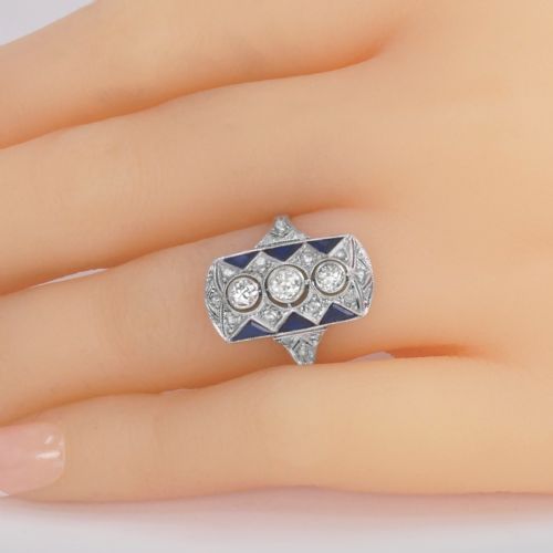 VINTAGE 18CT GOLD ART DECO STYLE PLAQUE RING SAPPHIRE AND OLD CUT DIAMOND RING - ADDITIONAL PHOTO 1