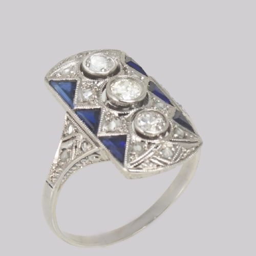 VINTAGE 18CT GOLD ART DECO STYLE PLAQUE RING SAPPHIRE AND OLD CUT DIAMOND RING - ADDITIONAL PHOTO 2