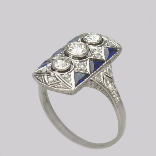 VINTAGE 18CT GOLD ART DECO STYLE PLAQUE RING SAPPHIRE AND OLD CUT DIAMOND RING - ADDITIONAL PHOTO 3