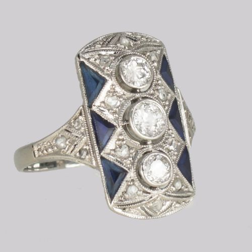 VINTAGE 18CT GOLD ART DECO STYLE PLAQUE RING SAPPHIRE AND OLD CUT DIAMOND RING - ADDITIONAL PHOTO 4