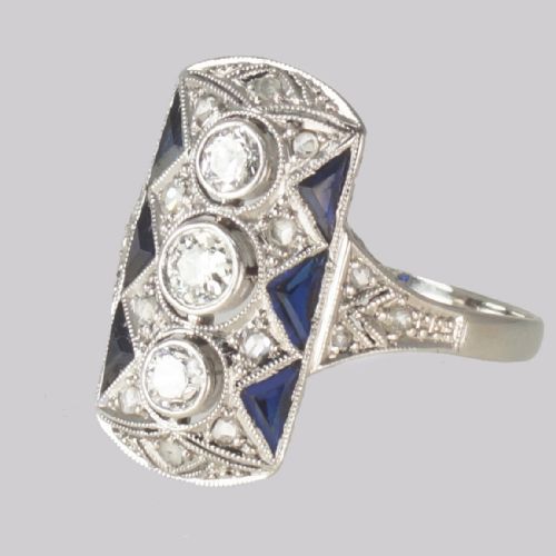 VINTAGE 18CT GOLD ART DECO STYLE PLAQUE RING SAPPHIRE AND OLD CUT DIAMOND RING - ADDITIONAL PHOTO 5