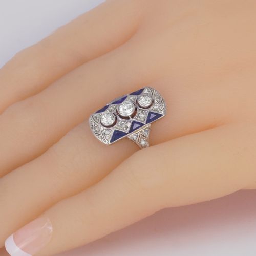 VINTAGE 18CT GOLD ART DECO STYLE PLAQUE RING SAPPHIRE AND OLD CUT DIAMOND RING - ADDITIONAL PHOTO 6