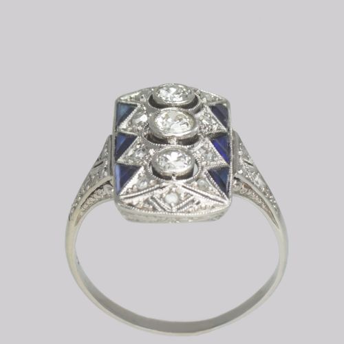 VINTAGE 18CT GOLD ART DECO STYLE PLAQUE RING SAPPHIRE AND OLD CUT DIAMOND RING - ADDITIONAL PHOTO 7
