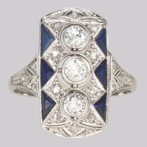 VINTAGE 18CT GOLD ART DECO STYLE PLAQUE RING SAPPHIRE AND OLD CUT DIAMOND RING - ADDITIONAL PHOTO 9