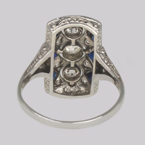 VINTAGE 18CT GOLD ART DECO STYLE PLAQUE RING SAPPHIRE AND OLD CUT DIAMOND RING - ADDITIONAL PHOTO 10