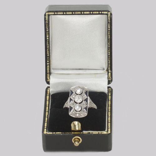 VINTAGE 18CT GOLD ART DECO STYLE PLAQUE RING SAPPHIRE AND OLD CUT DIAMOND RING - ADDITIONAL PHOTO 11