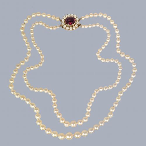 vintage pearl necklace double or single strand with 9ct gold floral garnet clasp circa 1960s - CATEGORY: ANTIQUE JEWELLERY - DATED 1960