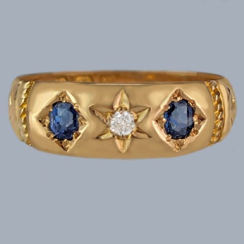 18CT GOLD VICTORIAN SAPPHIRE AND DIAMOND TRILOGY RING ANTIQUE BIRMINGHAM 1897 HALLMARKED