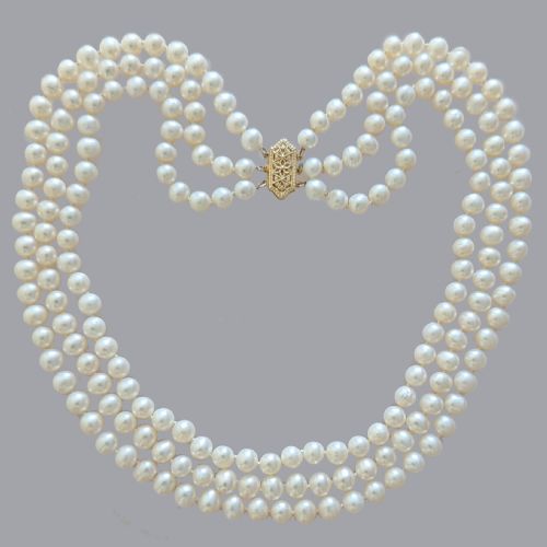 VINTAGE TRIPLE STRAND PEARL NECKLACE 14CT GOLD ORNATE CLASP THREE STRAND 1960S PEARLS - ADDITIONAL PHOTO 1