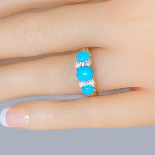 ANTIQUE VICTORIAN TURQUOISE AND DIAMOND RING 18CT GOLD ORNATE SCROLL SETTING - ADDITIONAL PHOTO 1