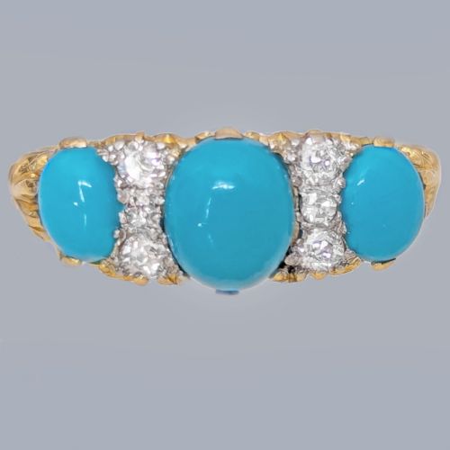 ANTIQUE VICTORIAN TURQUOISE AND DIAMOND RING 18CT GOLD ORNATE SCROLL SETTING - ADDITIONAL PHOTO 2