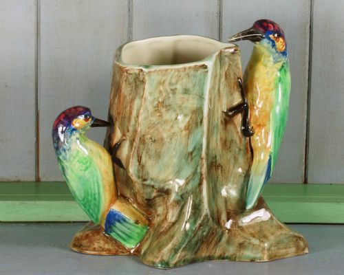 radford woodpeckers vase handpainted paul dubois art deco rare vase 812 high - CATEGORY: ANTIQUE VASES - DATED 1920