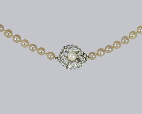 fig 2. A single strand of cream-coloured pearls hand-knotted on silk thread resting neatly around a neck.