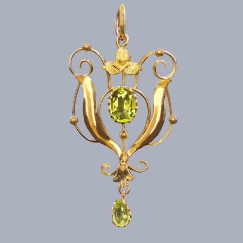 antique art nouveau peridot pendant 9ct gold edwardian c1900 vintage pendant - CATEGORY: ANTIQUE JEWELLERY - DATED EDWARDIAN