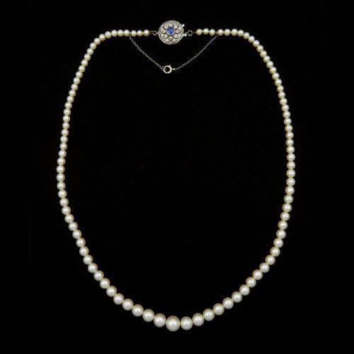 ANTIQUE CULTURED PEARL NECKLACE WITH SAPPHIRE DIAMOND CLASP FLORAL DESIGN ANCHORCERT GEM CERTIFIED1920S SINGLE STRAND PEARLS - ADDITIONAL PHOTO 5
