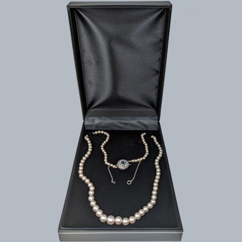 ANTIQUE CULTURED PEARL NECKLACE WITH SAPPHIRE DIAMOND CLASP FLORAL DESIGN ANCHORCERT GEM CERTIFIED1920S SINGLE STRAND PEARLS - ADDITIONAL PHOTO 7