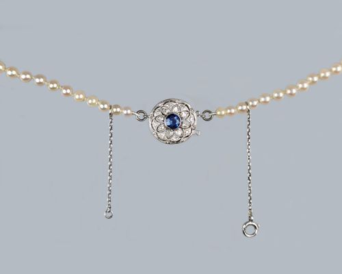 ANTIQUE CULTURED PEARL NECKLACE WITH SAPPHIRE DIAMOND CLASP FLORAL DESIGN ANCHORCERT GEM CERTIFIED1920S SINGLE STRAND PEARLS - ADDITIONAL PHOTO 9