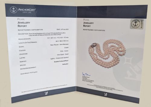 1920S TRIPLE STRAND PEARL NECKLACE CULTURED SALTWATER PEARLS WITH NATURAL PEARL DIAMOND 18CT GOLD CLASP CERTIFIED - ADDITIONAL PHOTO 3