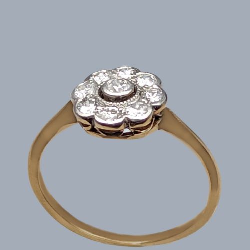 fig 1. An Edwardian cluster ring in 18ct yellow gold and platinum featuring a central diamond surrounded by a floral halo of smaller diamonds.