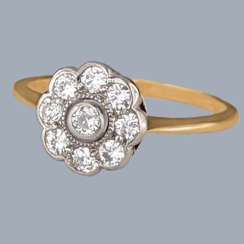 fig 2. An Edwardian cluster ring in 18ct yellow gold and platinum featuring a central diamond surrounded by a floral halo of smaller diamonds.