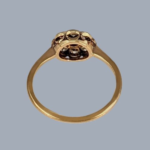 fig 3. An Edwardian cluster ring in 18ct yellow gold and platinum featuring a central diamond surrounded by a floral halo of smaller diamonds.