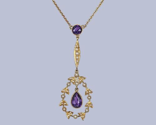 VICTORIAN 15CT GOLD NECKLACE BY HAMILTON CO AMETHYST PEARL PENDANT ORIGINAL BOX - ADDITIONAL PHOTO 1