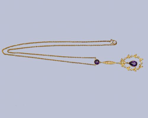 VICTORIAN 15CT GOLD NECKLACE BY HAMILTON CO AMETHYST PEARL PENDANT ORIGINAL BOX - ADDITIONAL PHOTO 3