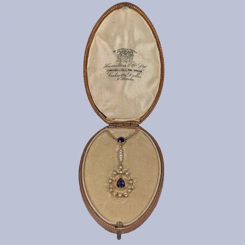 VICTORIAN 15CT GOLD NECKLACE BY HAMILTON CO AMETHYST PEARL PENDANT ORIGINAL BOX - ADDITIONAL PHOTO 6