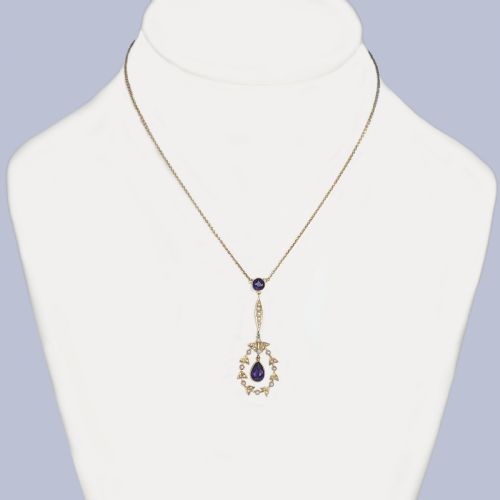 VICTORIAN 15CT GOLD NECKLACE BY HAMILTON CO AMETHYST PEARL PENDANT ORIGINAL BOX - ADDITIONAL PHOTO 10