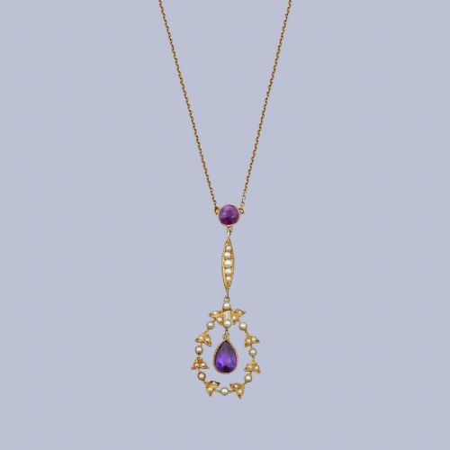 VICTORIAN 15CT GOLD NECKLACE BY HAMILTON CO AMETHYST PEARL PENDANT ORIGINAL BOX - ADDITIONAL PHOTO 12