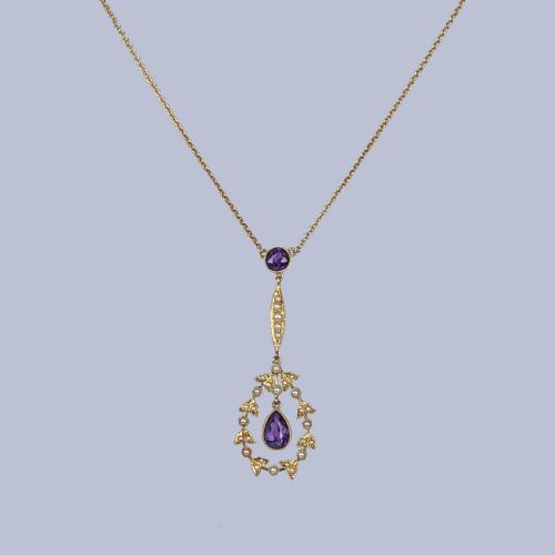 VICTORIAN 15CT GOLD NECKLACE BY HAMILTON CO AMETHYST PEARL PENDANT ORIGINAL BOX - ADDITIONAL PHOTO 13