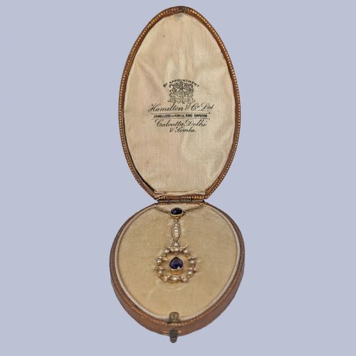 VICTORIAN 15CT GOLD NECKLACE BY HAMILTON CO AMETHYST PEARL PENDANT ORIGINAL BOX - ADDITIONAL PHOTO 14