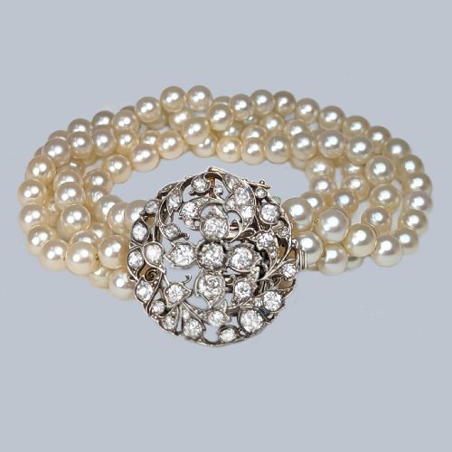 PEARL DIAMOND BRACELET 1920S FOUR STRAND CULTURED PEARLS WITH OLD MINE CUT DIAMOND FLORAL CLASP - ADDITIONAL PHOTO 1